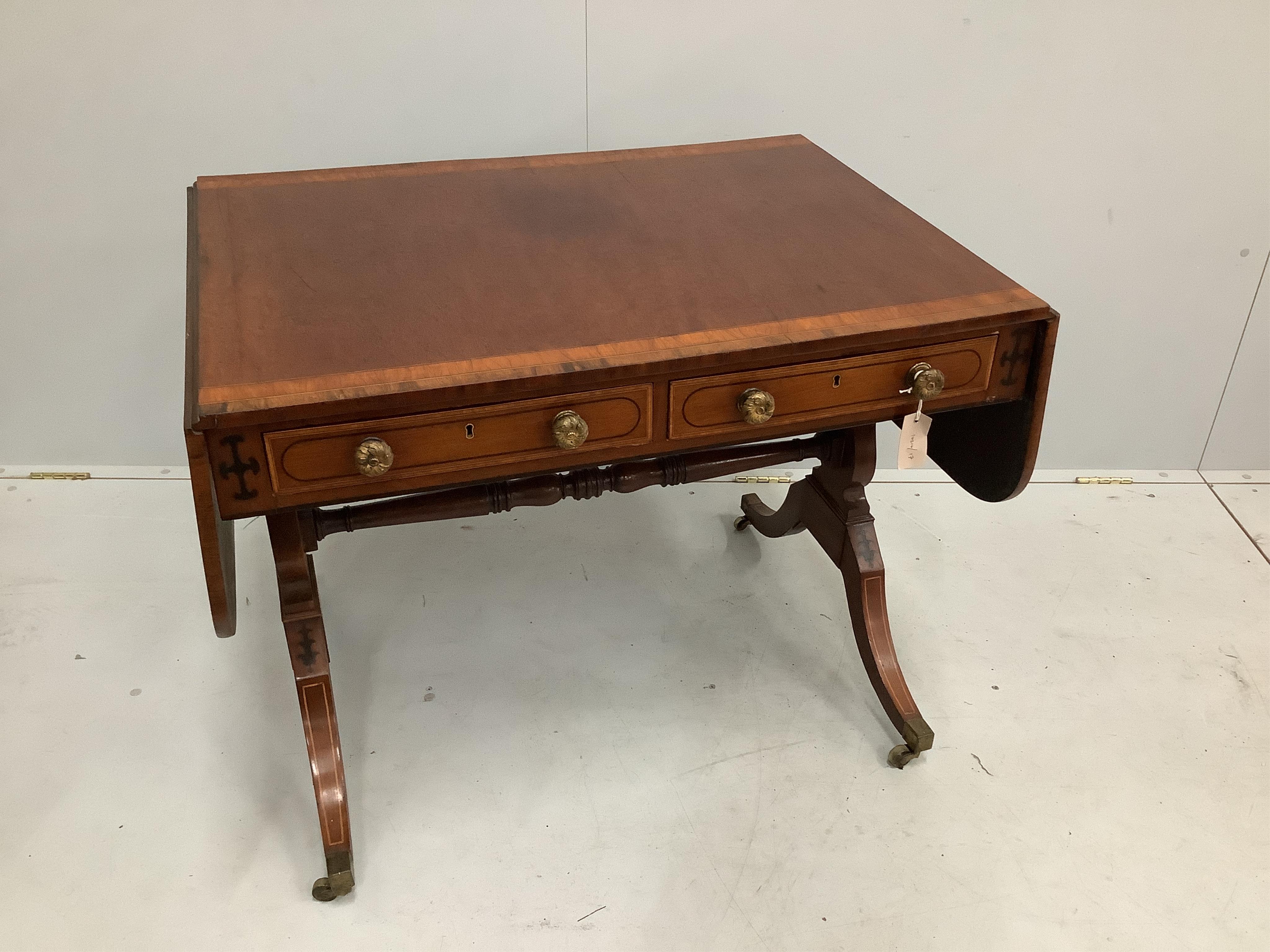 A Regency satinwood banded sofa table, width 90cm, depth 65cm, height 70cm